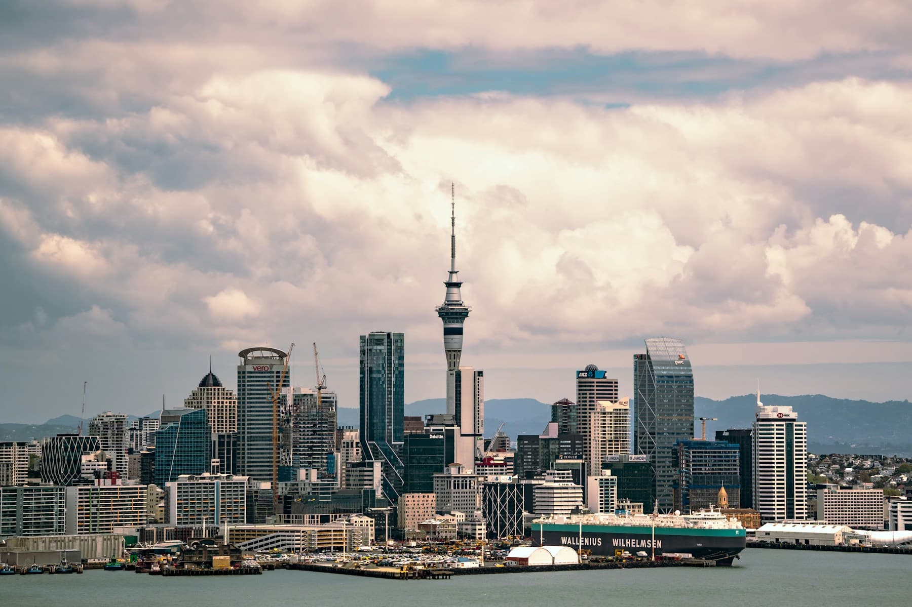 Auckland skyline and Sky Tower above the waterfront